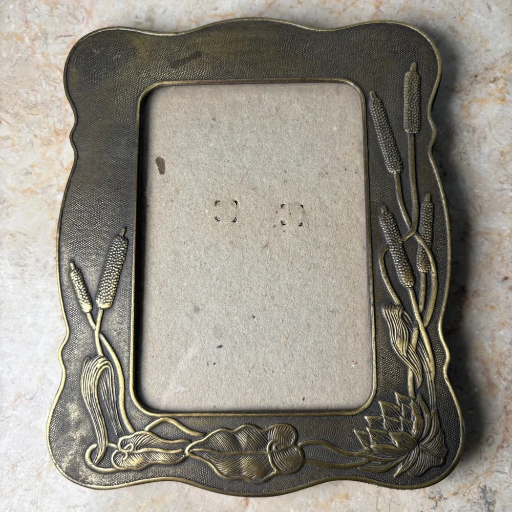 Vintage Art Nouveau Picture Frame 6.5x5.5 Gold Brass Tone Cattails Water Lily
